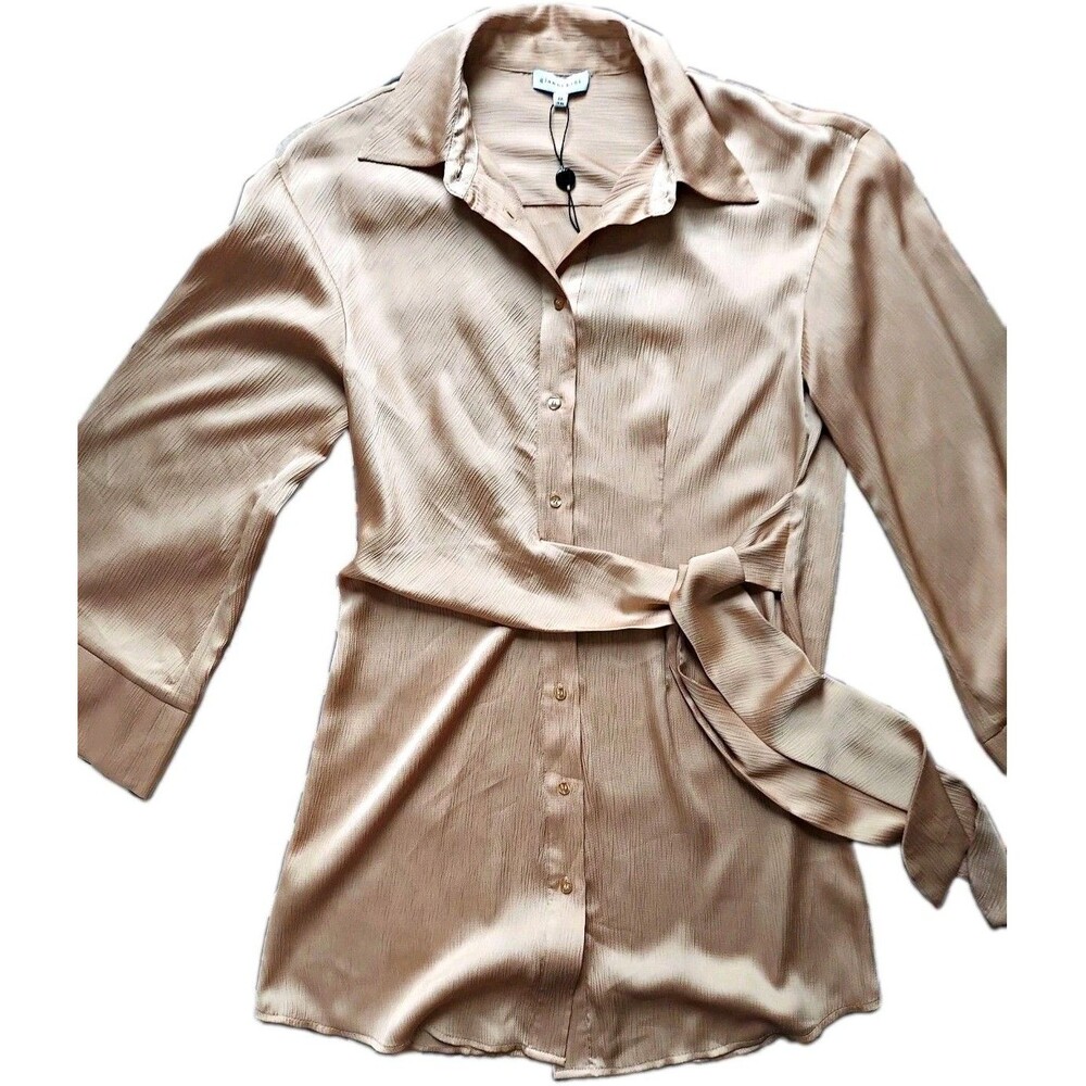 NWT Gianni Bini Shirt Dress Silky With Tie Waist Wrap Work-to-weekend Champagne